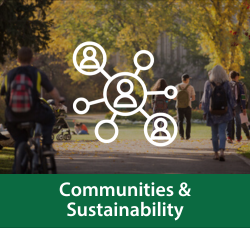 An illustration of a community network is overlaid upon an image of the University of Saskatchewan campus in the fall. Below the image, text reads 'Communities and Sustainability'