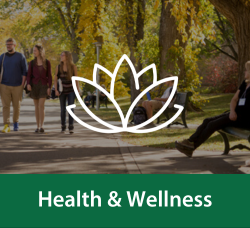 A white illustration of a lotus flower overlays an image of the University of Saskatchewan campus in the fall. Below the image, text reads 'Health and Wellness'