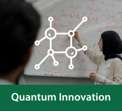 An illustration of atoms overlays an image of a woman writing quantum mathematics on a whiteboard. Below the image, text reads 'Quantum Innovation'