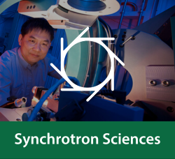 An illustration of a circle with extending beams overlays an image of a man conducting research with a light beam. Below the image, text reads 'Synchrotron Sciences'